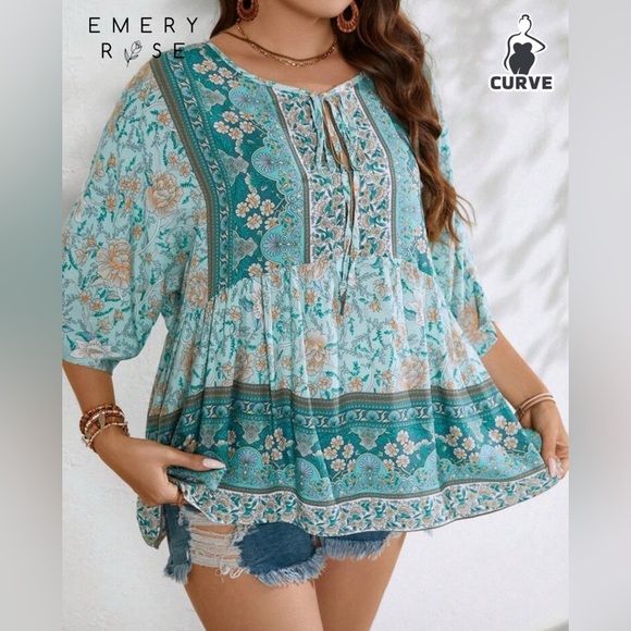Teal Blue V-Neck Boho Blouse - Picture 2 of 6